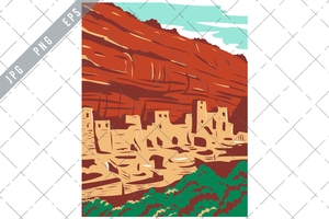 Mesa Verde National Park with Ancestral Puebloan Cliff Dwellings in Colorado WPA Poster Art