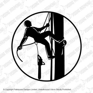 Arborist Climbing Up Tree With Chainsaw in Circle Retro Woodcut Black and White