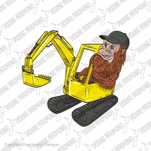 Sasquatch or Bigfoot Wearing Cap Operating Mechanical Digger Excavator Line Art Drawing Color