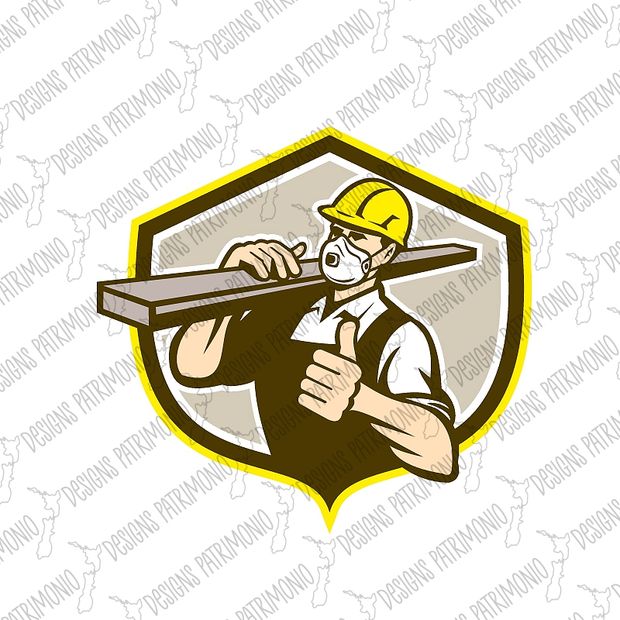 Carpenter Wearing Particulate Respirator Carrying Lumber with Thumbs Up Set In Shield Retro Style