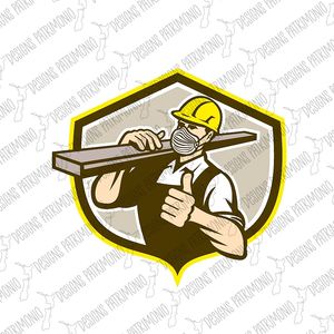 Carpenter Wearing Disposable Respirator Mask Carrying Lumber with Thumbs Up Set In Shield Retro 