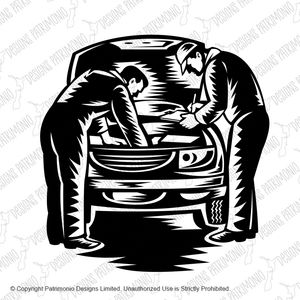 Automotive Mechanic Car Service and Repair Woodcut Black and White