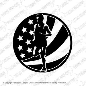 American Marathon Runner Running USA Flag Circle Retro Black and White