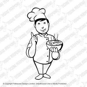 Cartoon Asian Chef or Cook Serving Bowl of Hot Soup with Number One Hand Sign Black and White