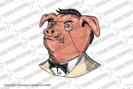 Aristocrat Pig Monocle Tuxedo Drawing Color Isolated
