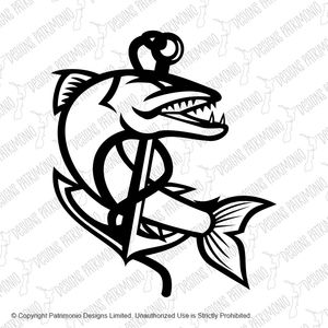 Barracuda Coiling Up With Rope and Sea Claw Anchor Mascot Black and White