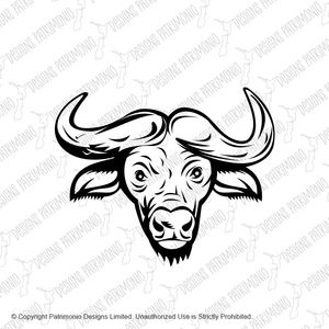 Head of an African Buffalo or Cape Buffalo Front View Retro Black and White 