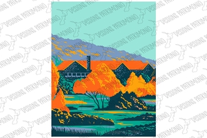 Stone Lodge with Red Roof and Trees in Front During Fall WPA Poster Art