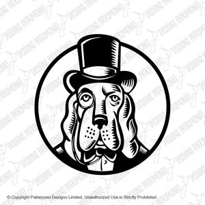 Basset Hound Wearing Monocle and Top Hat Circle Black and White