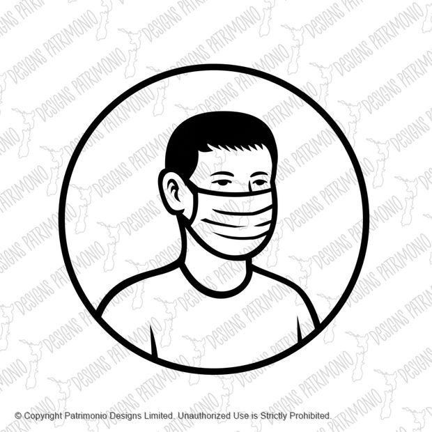 Asian Teenage Boy Wearing Face Mask Front View Circle Retro Black and White