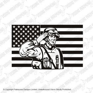 American Soldier Saluting Star Spangled Banner USA Flag