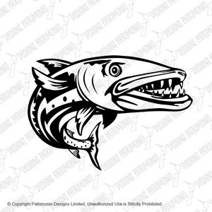 Barracuda or Sphyraena Barracuda Swimming Up Woodcut Retro Black and White