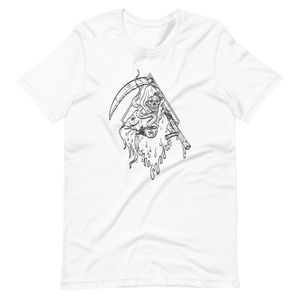 T-Shirt of Grim Reaper Holding Smoking Hot Cup of Coffee and Scythe Tattoo Line Drawing 