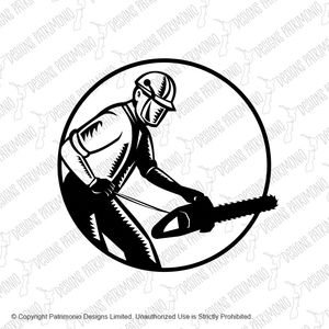 Arborist With Chainsaw Side View Woodcut Circle Retro