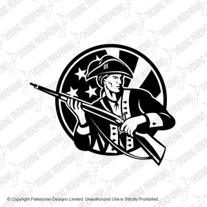 American Revolutionary Soldier with Rifle and USA Flag Circle Retro Black and White