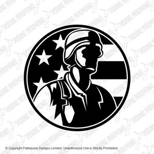 American Soldier Military Serviceman Looking Side USA Stars and Stripes Flag Circle Retro Black