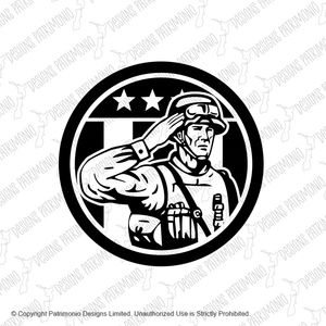 American Soldier Military Serviceman Saluting USA Stars and Stripes Flag Circle Retro