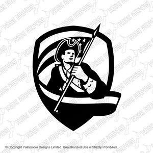 American Patriot Revolutionary Soldier Waving USA Flag Crest Retro Black and White