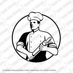 Baker Chef Cook Holding Rolling Pin Retro Black and White