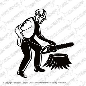 Arborist Tree Surgeon Holding Chainsaw Cutting Tree Stump Black and White