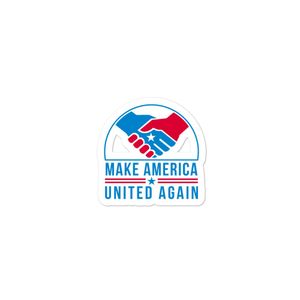 Sticker of American Hands in Handshake with USA Star and Words Make America United Again Retro