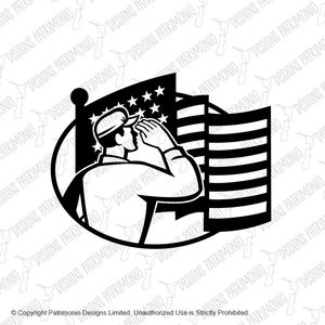 American Soldier Salute USA Stars and Stripes Flag Retro Black and White