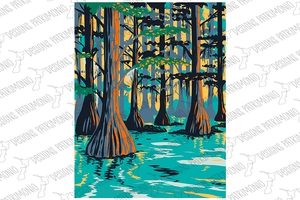 Caddo Lake State Park with Bald Cypress Trees in Harrison and Marion County East Texas USA WPA Art
