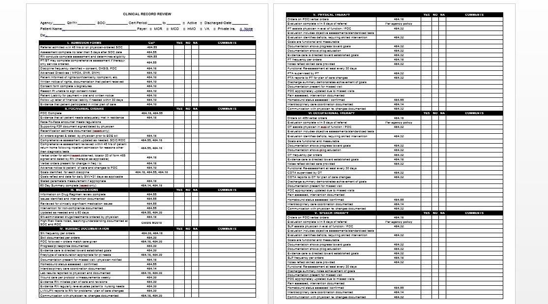 Medical Record Qapi Examples Home Health Chart Audit | QAPI Clinical Records Review Form