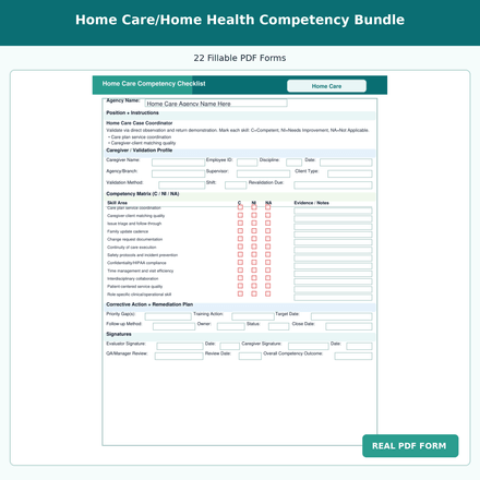 Home Care &amp; Home Health Competency Checklist Bundle (22 Fillable PDF Forms)