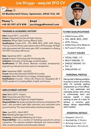 easyJet Pilot CV Template
