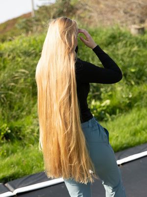 PHOTO SET - Perfect blonde Rapunzel dream hair on the trampoline photoshoot