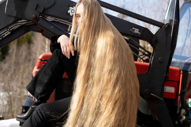 PHOTO SET - Extreme blonde hair by the tractor (part 3) photoshoot