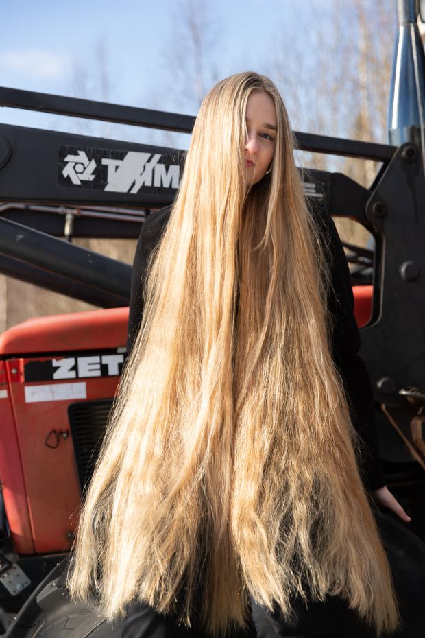PHOTO SET - Extreme blonde hair by the tractor (part 3) photoshoot