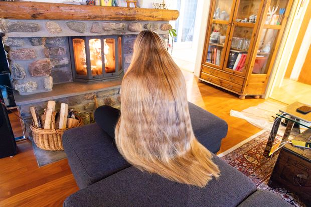 PHOTO SET - Extremely perfect blonde hair by the fireplace photoshoot