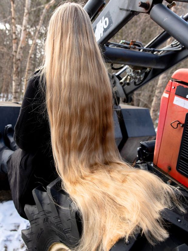 PHOTO SET - Extreme blonde hair by the tractor (part 3) photoshoot