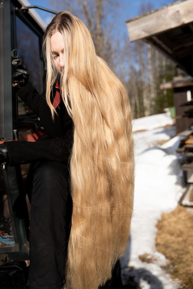 PHOTO SET - Extreme blonde hair by the tractor (part 3) photoshoot