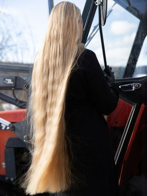 PHOTO SET - Extreme blonde hair by the tractor (part 1) photoshoot