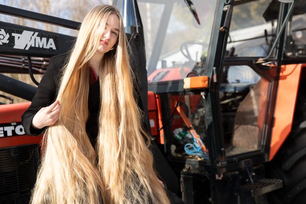 PHOTO SET - Extreme blonde hair by the tractor (part 3) photoshoot