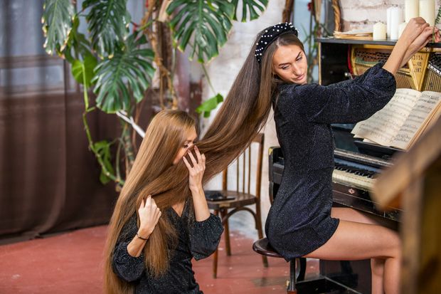 PHOTO SET - Extremely long hair by the piano photoshoot