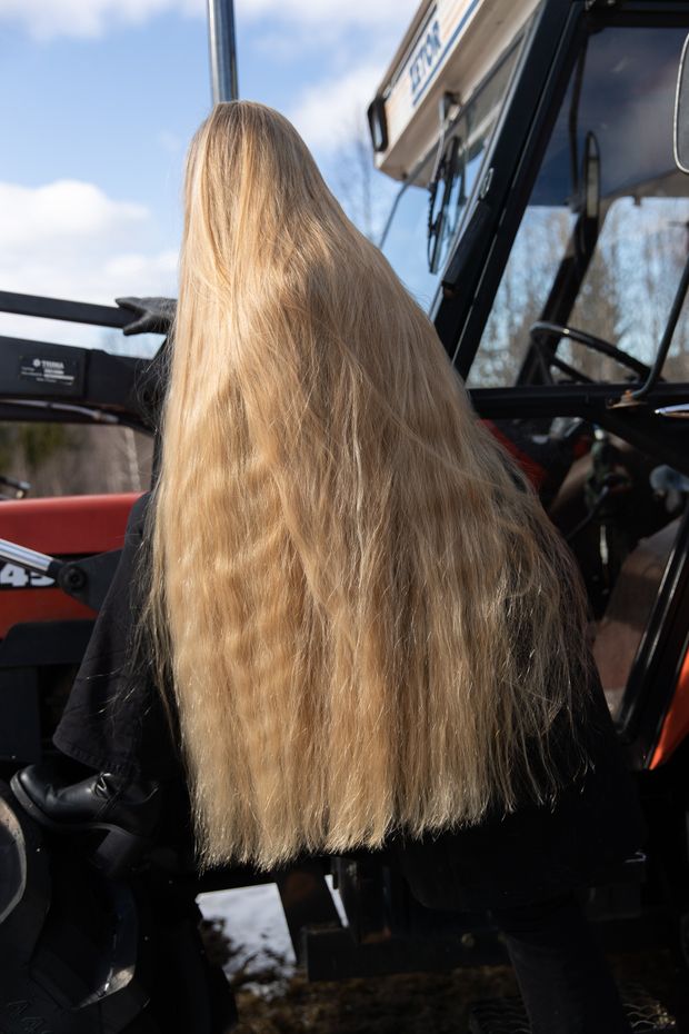 PHOTO SET - Extreme blonde hair by the tractor (part 3) photoshoot