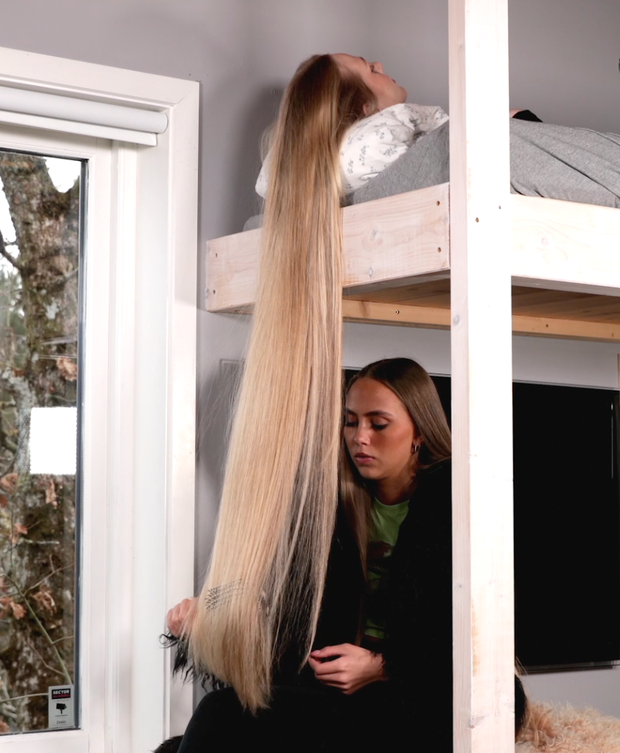 VIDEO - Celina playing with super long blonde hair