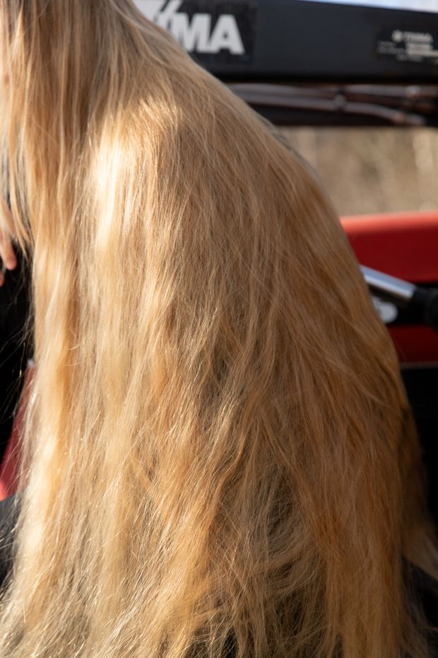 PHOTO SET - Extreme blonde hair by the tractor (part 3) photoshoot