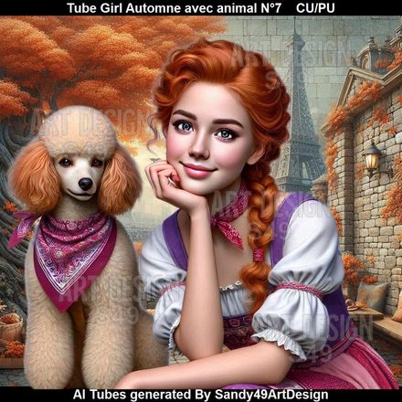 Tube Girl Automne avec animal N°7