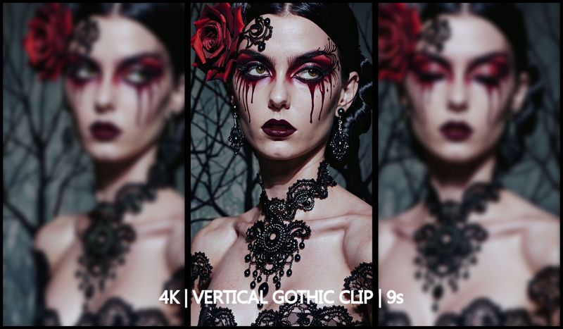 Shy Gothic Woman – Vampire Makeup Close-Up (9s, 4K Vertical, 60fps)