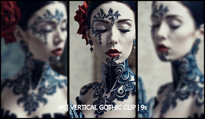 Asian Gothic Tattoo – Avantgarde Close-Up Portrait (9s, 4K Vertical, 60fps)
