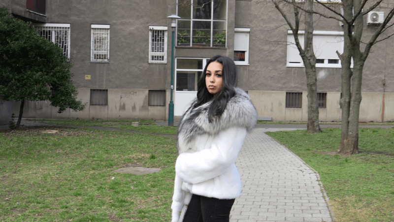 Gigi short walk in white mink with silver fox collar