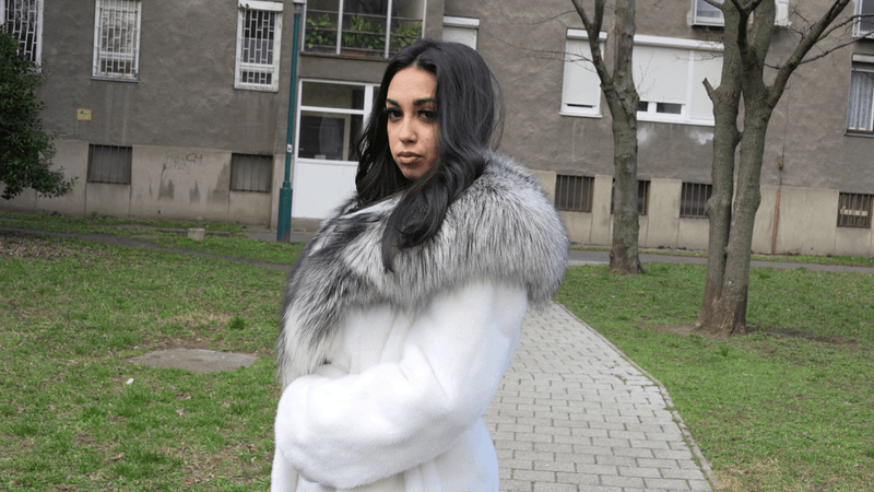 Gigi short walk in white mink with silver fox collar