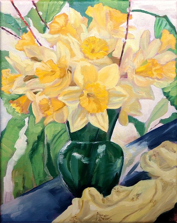 Daffodils in Green Vase