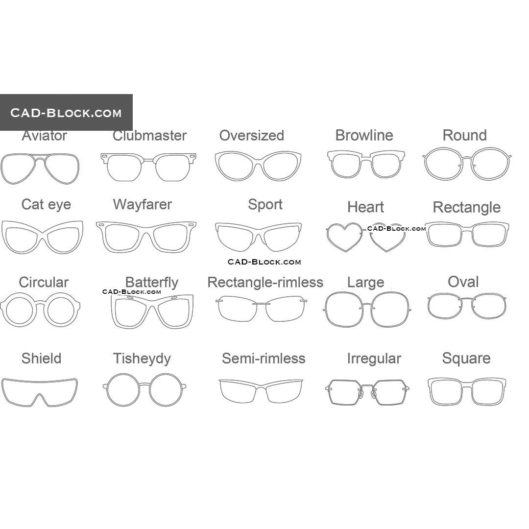 Types of Glasses - CAD Blocks, AutoCAD, Vector