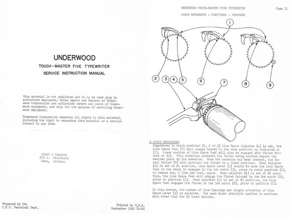 Underwood Touchmaster Five TM-5 Standard Typewriter Service Repair Adjustment Manual